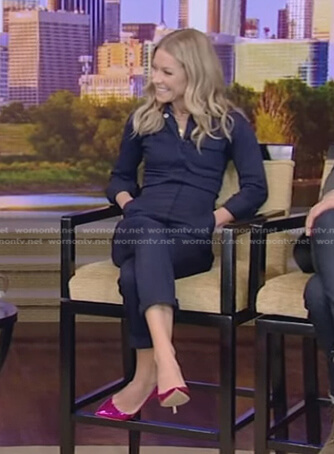 Kelly's navy utility jumpsuit on Live with Kelly and Ryan