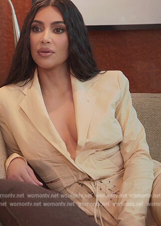 Kim's beige lace-up detail blazer on The Kardashians