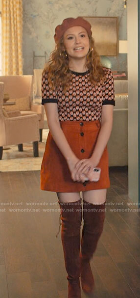 Lake's geometric print top and orange skirt on Love Victor
