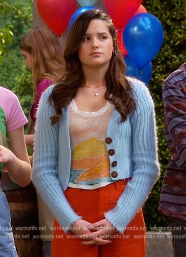 Lex's blue fuzzy cardigan on Side Hustle