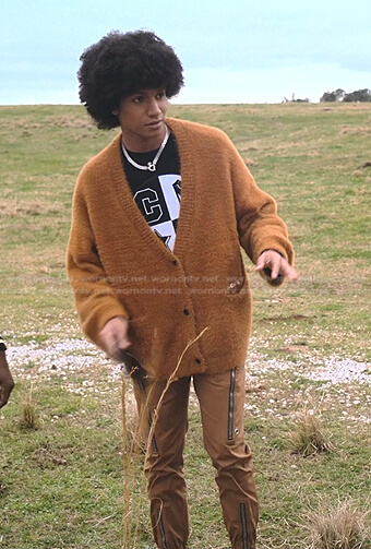 Lino's camel Mustang Fever cardigan on Tom Swift