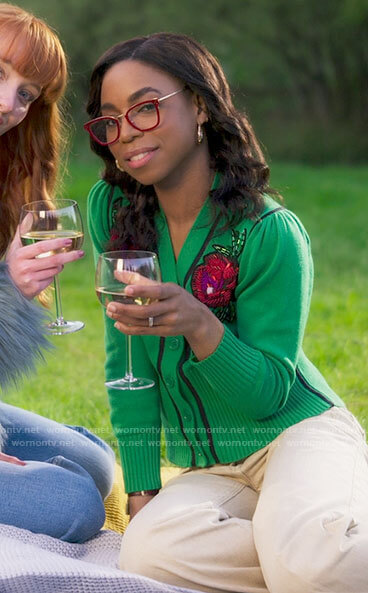 Livia's green beaded floral cardigan on Chloe
