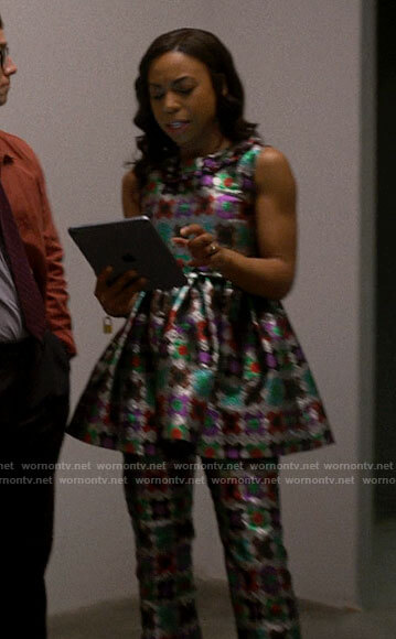 Livia's printed jacquard peplum top and pants set on Chloe