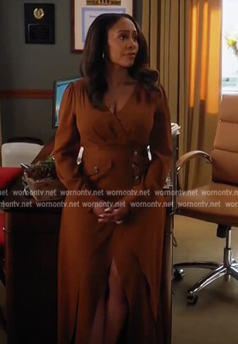 Lola's brown button side wrap dress on All Rise