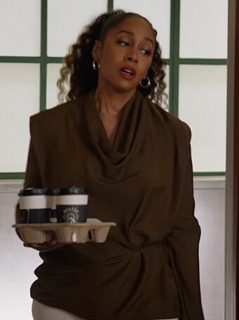 Lola's green cowl neck blouse on All Rise