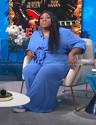 Loni's blue tie front jumpsuit on E! News Daily Pop