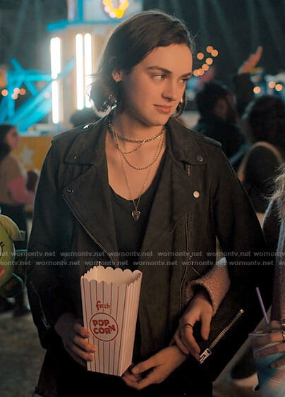 Lucy's green suede moto jacket on Love Victor