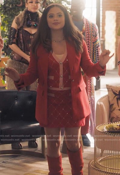 Maggie's red embellished cardigan and skirt set on Charmed