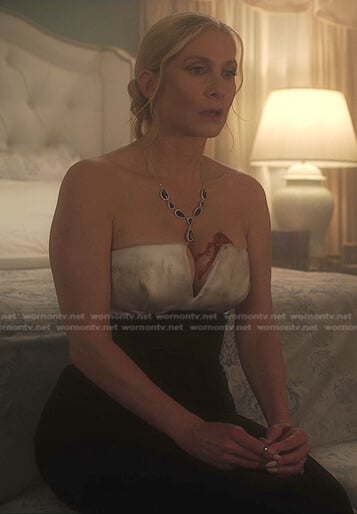 Margot's black and white strapless velvet dress on First Kill