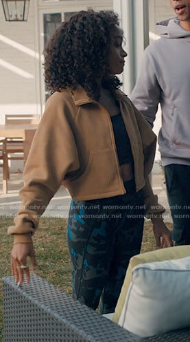 Mia's blue camo leggings and beige jacket on Love Victor