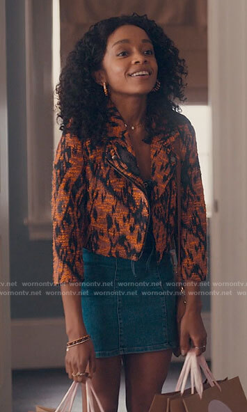 Mia's orange printed moto jacket on Love Victor