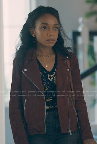 Mia's red suede moto jacket on Love Victor