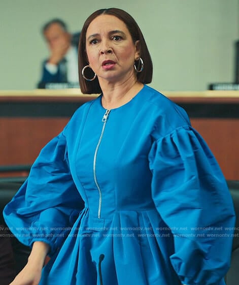 Molly's blue puff-sleeve zip-front dress on Loot