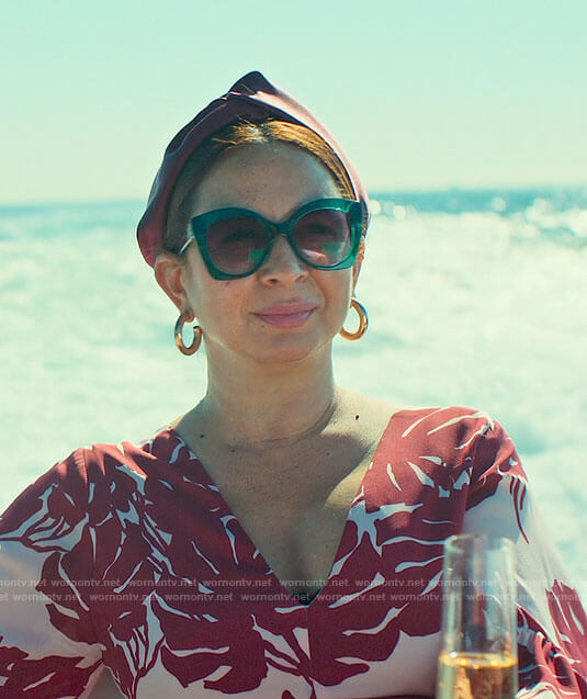 Molly's red leaf print dress and green sunglasses on Loot