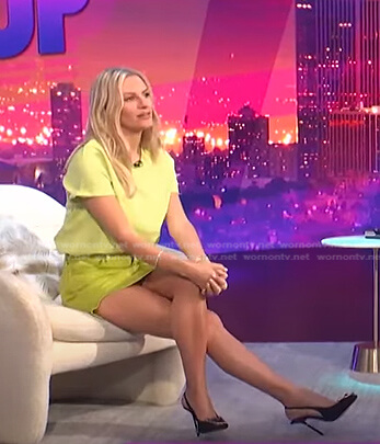 Morgan's yellow denim mini skirt on E! News Nightly Pop
