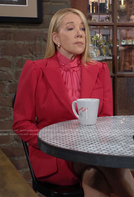 Nikki's pink ruffled blouse and skirt suit on The Young and the Restless