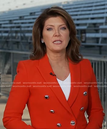 Norah's red double breasted blazer on CBS Evening News