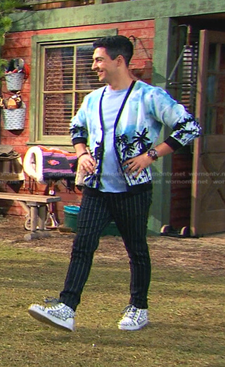 Parker's blue palm print cardigan on Bunkd
