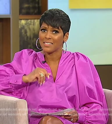 Tamron's purple puff sleeve mini dress on Tamron Hall Show