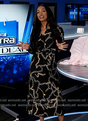 Rachel's black chain print wrap dress on Extra