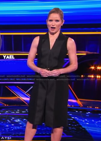 Sara's black sleeveless tuxedo dress on The Chase