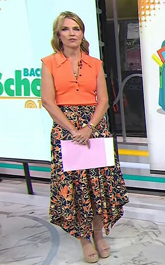 Savannah's orange polo top and floral asymmetric hem skirt on Today