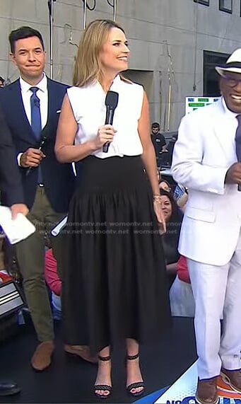 Savannah's white pinstripe frilled top and black skirt on Today