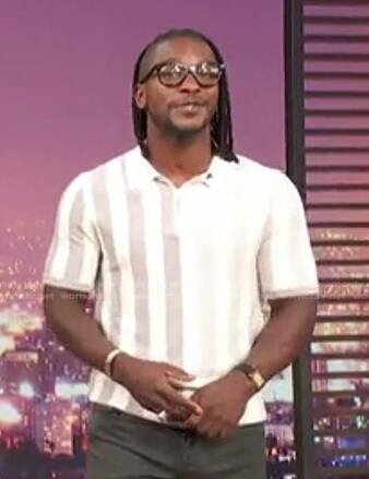 Scott's white striped polo shirt on Access Hollywood