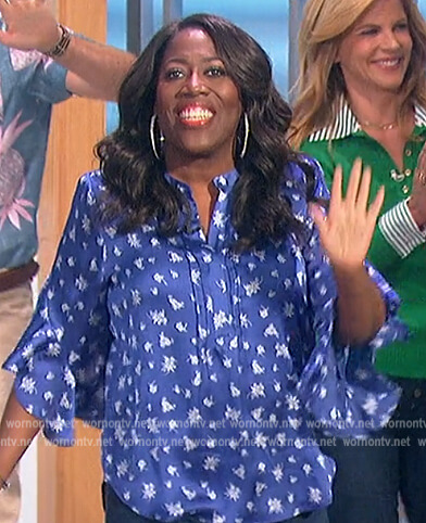 Sheryl's blue floral flutter sleeve blouse on The Talk
