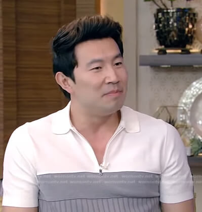 Simu Liu's white and grey colorblock polo shirt on Live with Kelly and Ryan