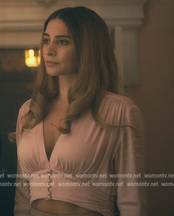 Sloan's pink satin cropped top on The Umbrella Academy