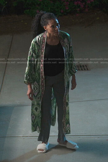 Talia's green ikat print kimono on First Kill