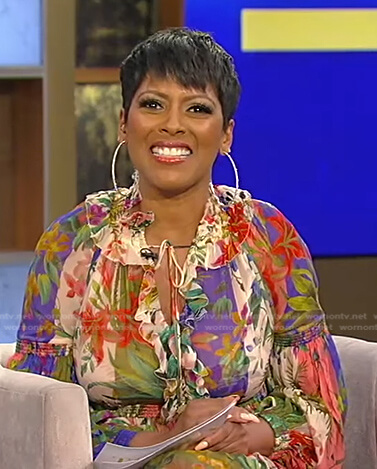 Tamron's floral ruffled dress on Tamron Hall Show