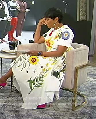 Tamron's white floral print midi dress on Tamron Hall Show