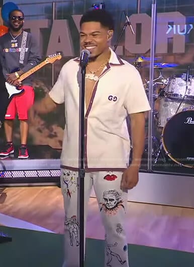 Taylor Bennett's white bowling shirt and graphic print pants on Good Morning America