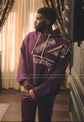 Tom's purple bandana print hoodie and track pants on Tom Swift