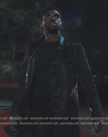 Tom's black jacquard coat on Tom Swift