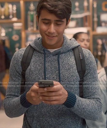Victor's blue marled hooded sweater on Love Victor