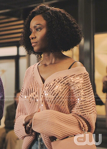 Zenzie's pink sequin cardigan on Tom Swift