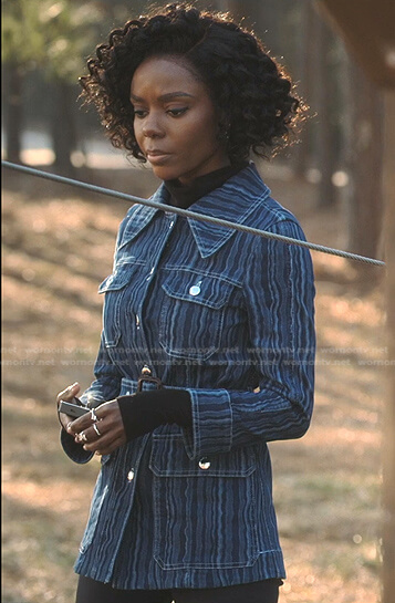 Zenzi's blue striped belted jacket on Tom Swift