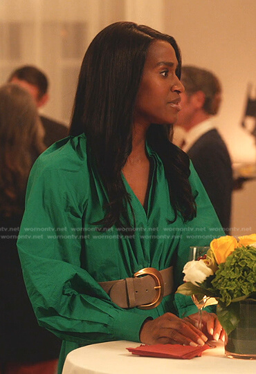 Jassie's green pleated poplin dress on Everythings Trash