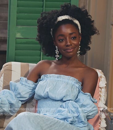 Venita's blue ruffle sleeve linen dress on Southern Charm