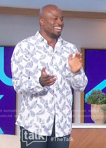 Akbar's white floral print shirt on The Talk