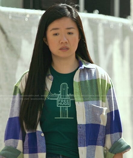 Alice's green cactus print tee and plaid shirt on Good Trouble