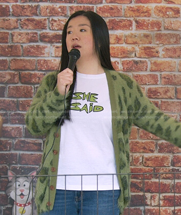 Alice's She Said tee and green cardigan on Good Trouble
