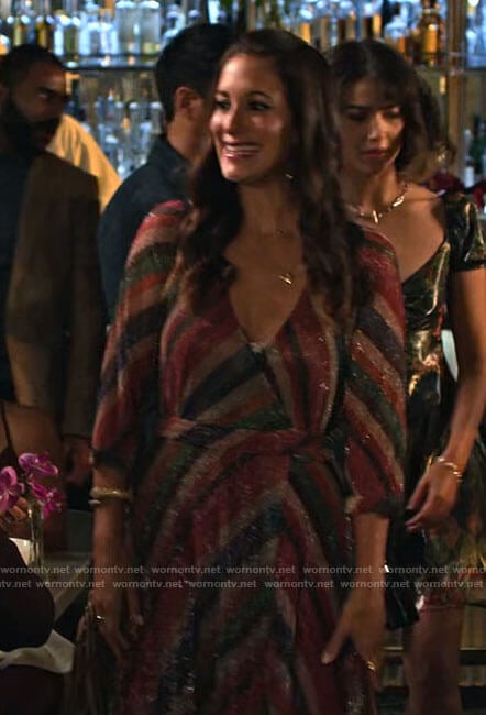 Amy's metallic striped wrap dress on Maggie