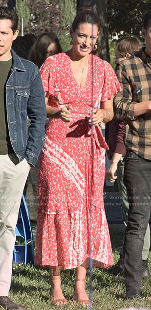 Amy's red floral wrap midi dress on Maggie