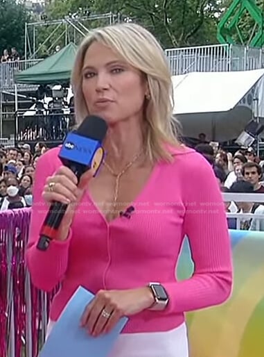Amy's pink ribbed collared cardigan on Good Morning America