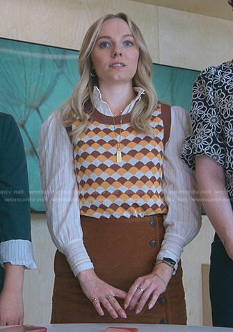 Claire’s brown geometric vest and mini skirt on Good Trouble