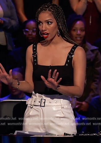Corinne's black buckle strap bodysuit on Beat Shazam